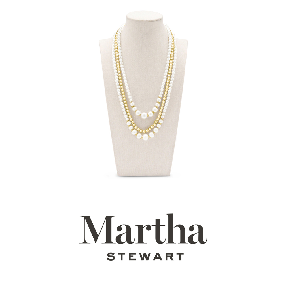 Martha Stewart Traditional Three Strand Pearl and Ball Necklace In Gold